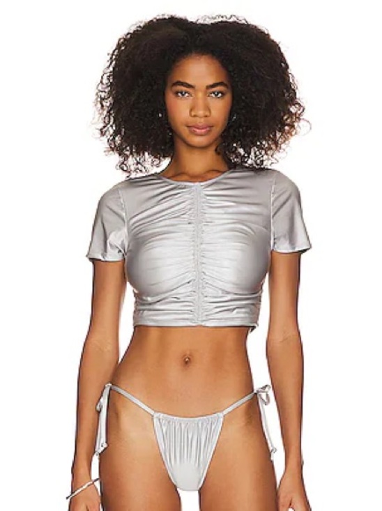Good American Tops - Good American Ruched Cropped Tee in Silver